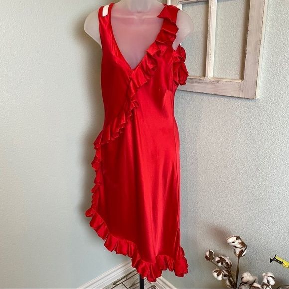 RED SILK DRESS Pure Silk 100% with Ruffles Size 8 Medium - Picture 4 of 14